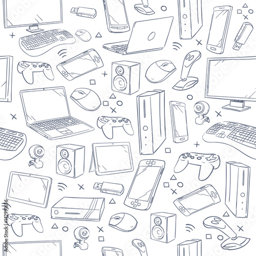 Computer game, device, social gaming vector sketch doodles seamless pattern