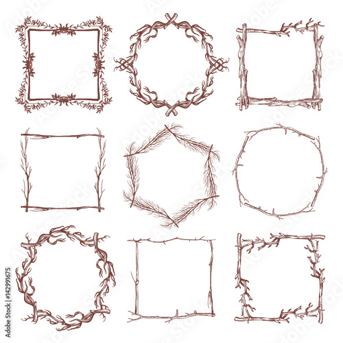 Vintage rustic branch frame borders, hand drawn vector set