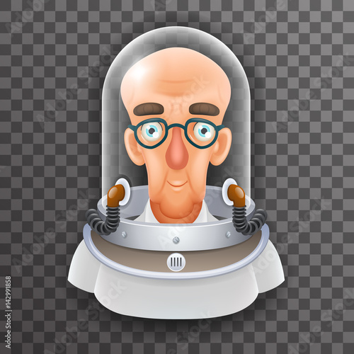 Bald Scientist Avatar Retro Realistic Helmet 3d Cosmonaut Astronaut Spaceman Tantamareska Poster Transperent Glass Background Icon Template Mock Up Design Vector Illustration