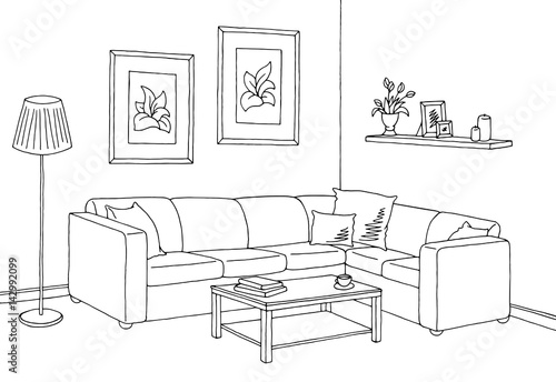 Living room graphic black white interior sketch illustration vector