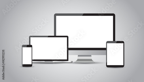Realistic device flat Icons: smartphone, tablet, laptop and desktop computer. Vector illustration