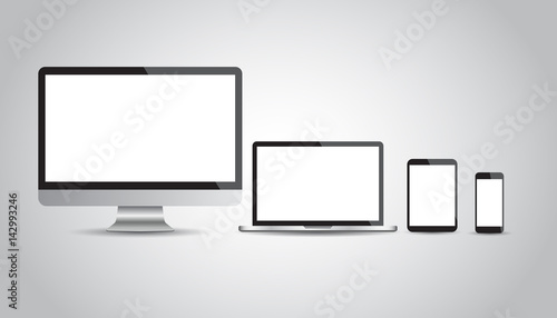 Realistic device flat Icons: smartphone, tablet, laptop and desktop computer. Vector illustration