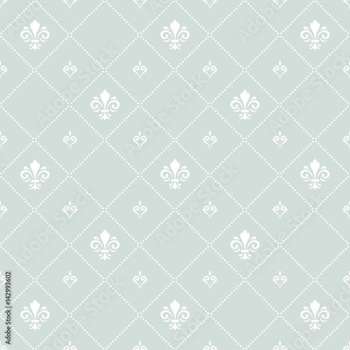 Seamless light blue and white ornament. Modern geometric pattern with royal lilies