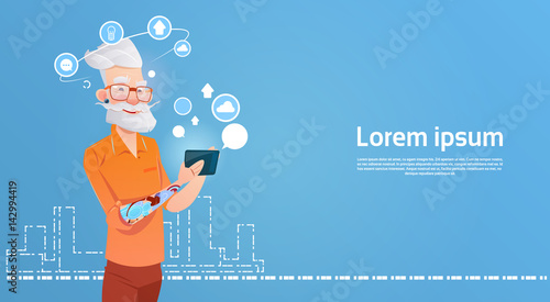 Senior Man Hipster Using Cell Smart Phone Chatting Online Flat Vector Illustration