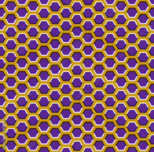 Optical motion illusion seamless pattern. Purple hexagons move on yellow background.