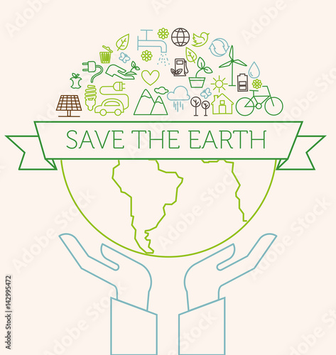 Save the Earth, Flat Style, Thin Line Art Design