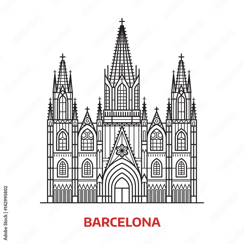 Travel Barcelona landmark icon. Gothic cathedral is one of the famous tourist attractions in capital of Catalonia, Spain. Thin line catholic church vector illustration in outline design.