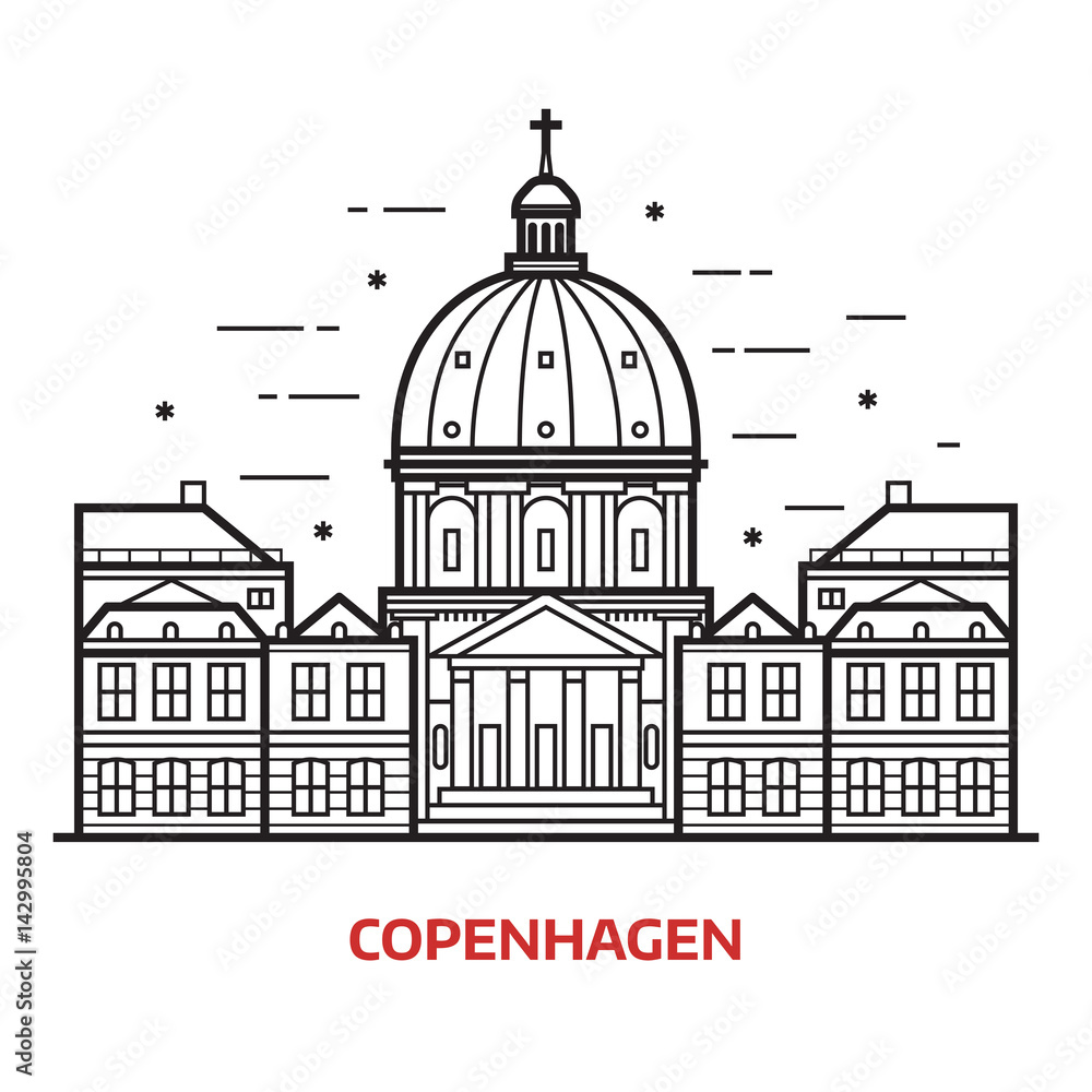 Travel Copenhagen landmark icon. Marble church and royal palace is one of the famous tourist attractions in the capital of Denmark. Thin line dome cathedral vector illustration in outlined design.