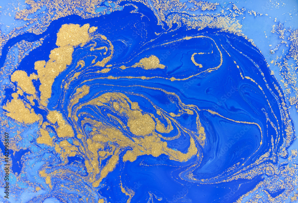 Blue and golden liquid texture, watercolor hand drawn marbling illustration, abstract background