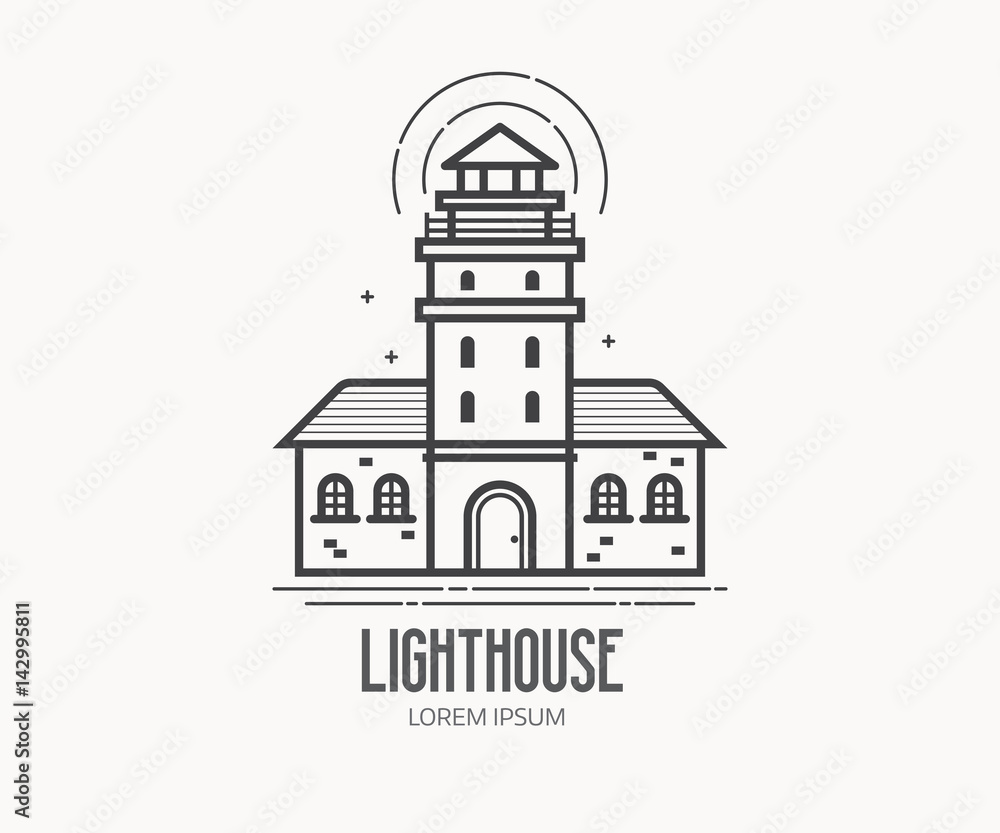Lighthouse logo or label template in linear style. Sea light house logotype in thin line design. Old pharos or seamark beam outline icon.