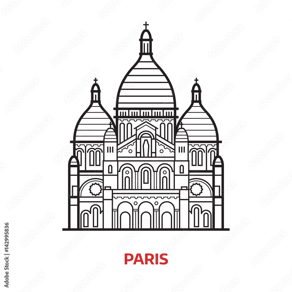 Travel Paris landmark icon. Sacre Coeur church, famous architectural tourist attractions in capital of France. Thin line Basilica of the Sacred Heart of Paris vector illustration in outline design.
