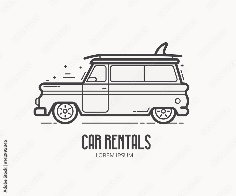 Surfing car rental service logotype. Surf van logo in thin line design. Auto travel concept label vector illustration isolated on white background.