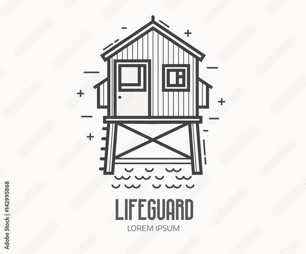 Beach lifeguard logo in thin line design. Life guard house or tower logotype or label template. Baywatch hut vector linear illustration. Beach lifeguard logo in thin line design. Life guard house or tower logotype or label template. Baywatch hut vector linear illustration.
