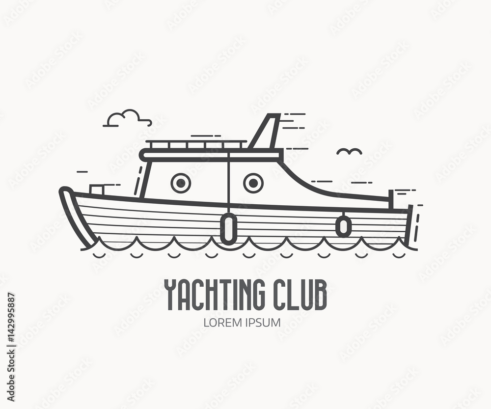 Yachting club logo or label template in linear style. Sea boat logotype in thin line design. Yacht racing outline icon.