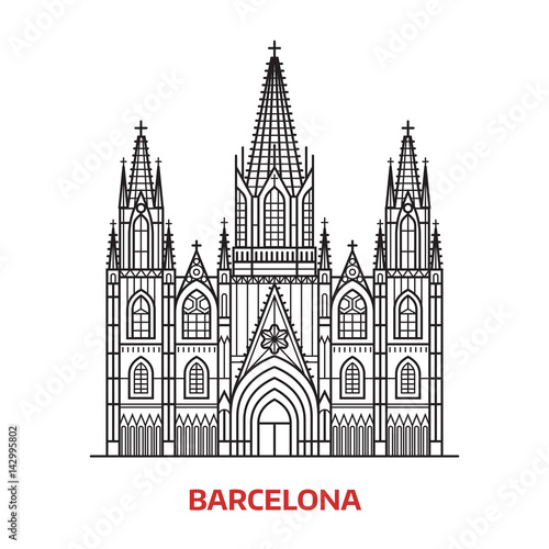 Travel Barcelona landmark icon. Gothic cathedral is one of the famous tourist attractions in capital of Catalonia, Spain. Thin line catholic church vector illustration in outline design.
