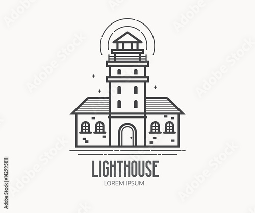 Lighthouse logo or label template in linear style. Sea light house logotype in thin line design. Old pharos or seamark beam outline icon.