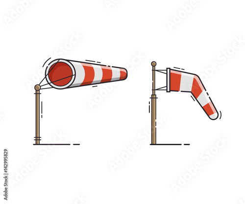 Airport windsock showing no wind and windy weather. Red striped wind bag vector illustration. Meteorological weathercock isolated on white background.