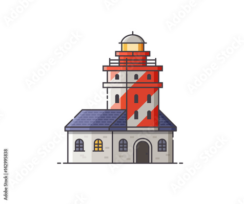 Lighthouse vector illustration. Red light house building isolated on white background. Sea pharos or seamark isolated on white background.