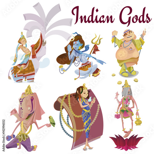 Set of isolated hindu gods meditation in yoga poses lotus and Goddess hinduism religion, traditional asian culture spiritual mythology, deity worship festival vector illustrations, T-shirt concepts