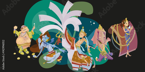 Set of isolated hindu gods meditation in yoga poses lotus and Goddess hinduism religion, traditional asian culture spiritual mythology, deity worship festival vector illustrations, T-shirt concepts