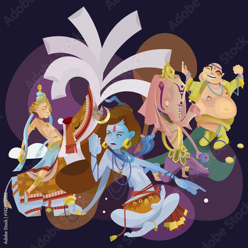 Set of isolated hindu gods meditation in yoga poses lotus and Goddess hinduism religion, traditional asian culture spiritual mythology, deity worship festival vector illustrations, T-shirt concepts