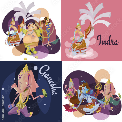 Set of isolated Indian Gods meditation in yoga poses lotus and Goddess hinduism religion, traditional asian culture spiritual mythology, deity worship festival vector illustrations, T-shirt concepts