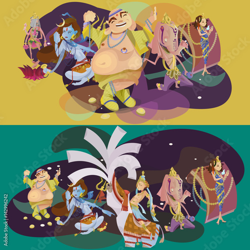 Set of isolated Indian Gods meditation in yoga poses lotus and Goddess hinduism religion, traditional asian culture spiritual mythology, deity worship festival vector illustrations, T-shirt concepts