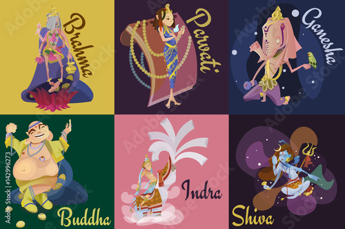 Set of isolated Indian Gods meditation in yoga poses lotus and Goddess hinduism religion, traditional asian culture spiritual mythology, deity worship festival vector illustrations, T-shirt concepts