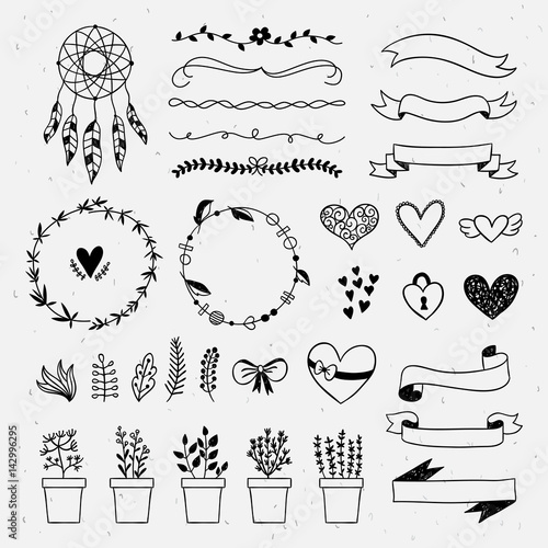 Hand drawn boho style design elements: dreamcatcher, ribbons, wreaths, florals and plants. Vintage rustic outline drawings