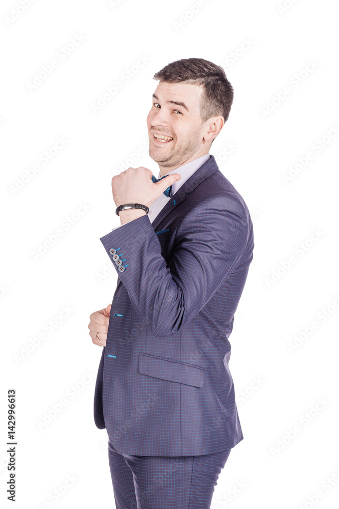 businessman  looking and pointing finger  gesture . happiness, gesture, emotions and people concept. Image on white  studio background.