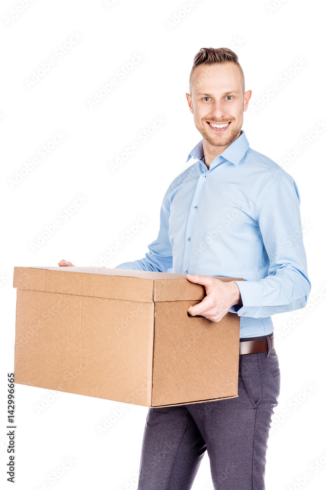 man holding a big box isolated on white background. Concept of difficult career of a businessman man holding a big box isolated on white background. Concept of difficult career of a businessman