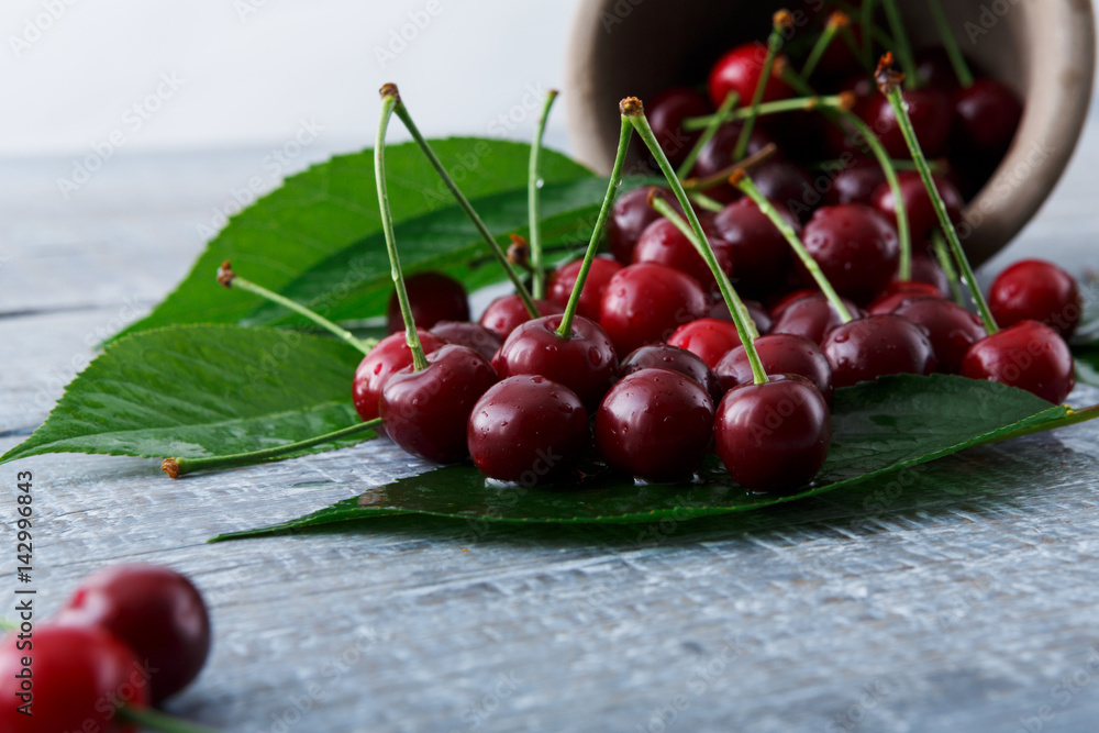 Fresh cherries with green leaves on blue rustic wood Fresh cherries with green leaves on blue rustic wood