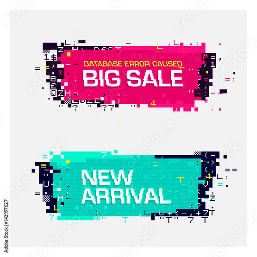 Vector set of glitch banners with text.