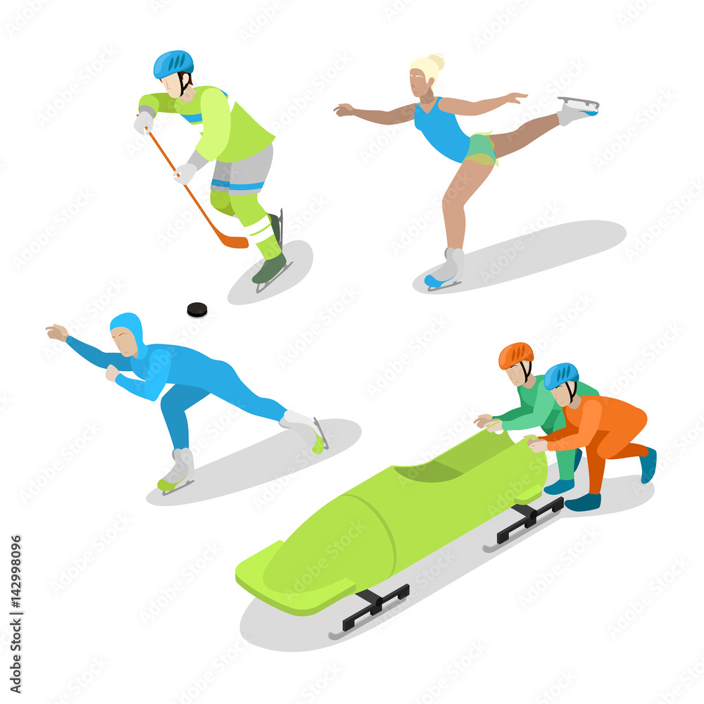 Fototapeta premium Hockey Player, Figure Skating and Bobsled. Winter Sports. Isometric vector flat 3d illustration