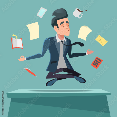 Businessman in Nirvana at Office Work. Man Meditating. Vector cartoon illustration