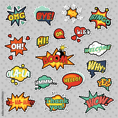 Fashion Badges, Patches, Stickers in Pop Art Comic Speech Bubbles Set with Halftone Dotted Cool Shapes with Expressions Wow, Bingo, Like. Vector Retro Background