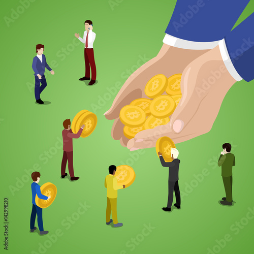 Miniature Business People with Bitcoins. Online Payment Method. Isometric vector flat 3d illustration