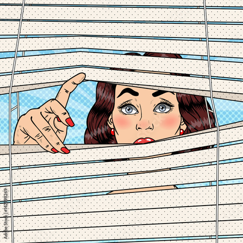 Shocked Woman Looking Through the Blinds. Pop Art Vector retro illustration