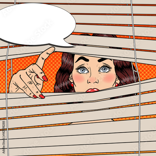 Woman Looking Through the Blinds. Pop Art Vector retro illustration