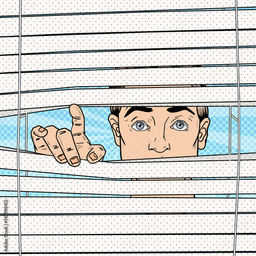 Surprised Man Looking Through the Blinds. Pop Art Vector retro illustration