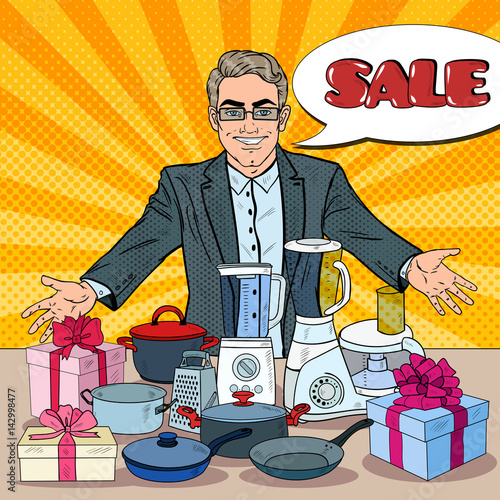 Smiling Seller with Household Appliances. Domestic Equipment Shopping. Pop Art vector illustration