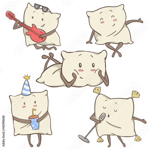 set 5 of unique cartoon pillows for slumber party, pajama party invitation. children's illustration design elements. funny cartoon characters