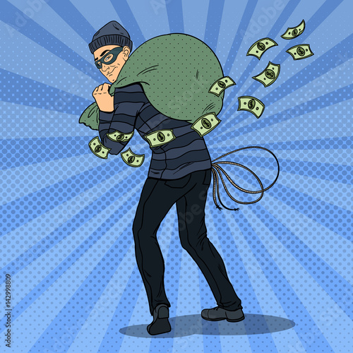 Thief in Black Mask Stealing Money. Pop Art retro vector illustration
