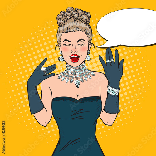Wonderful Woman in Black Dress with Diamond Jewelry. Pop Art Vector illustration