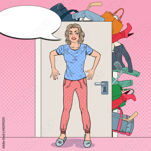 Young Woman Holding the Door with Bunch of Clothes. Pop Art vector illustration