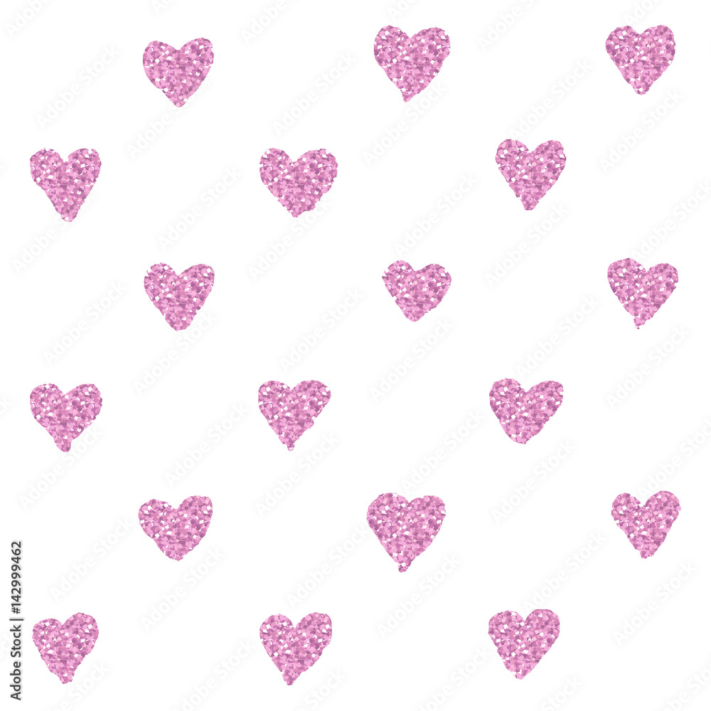 pink glittering polka dot hearts isolated on white background. seamless pattern. glitter texture decorative element