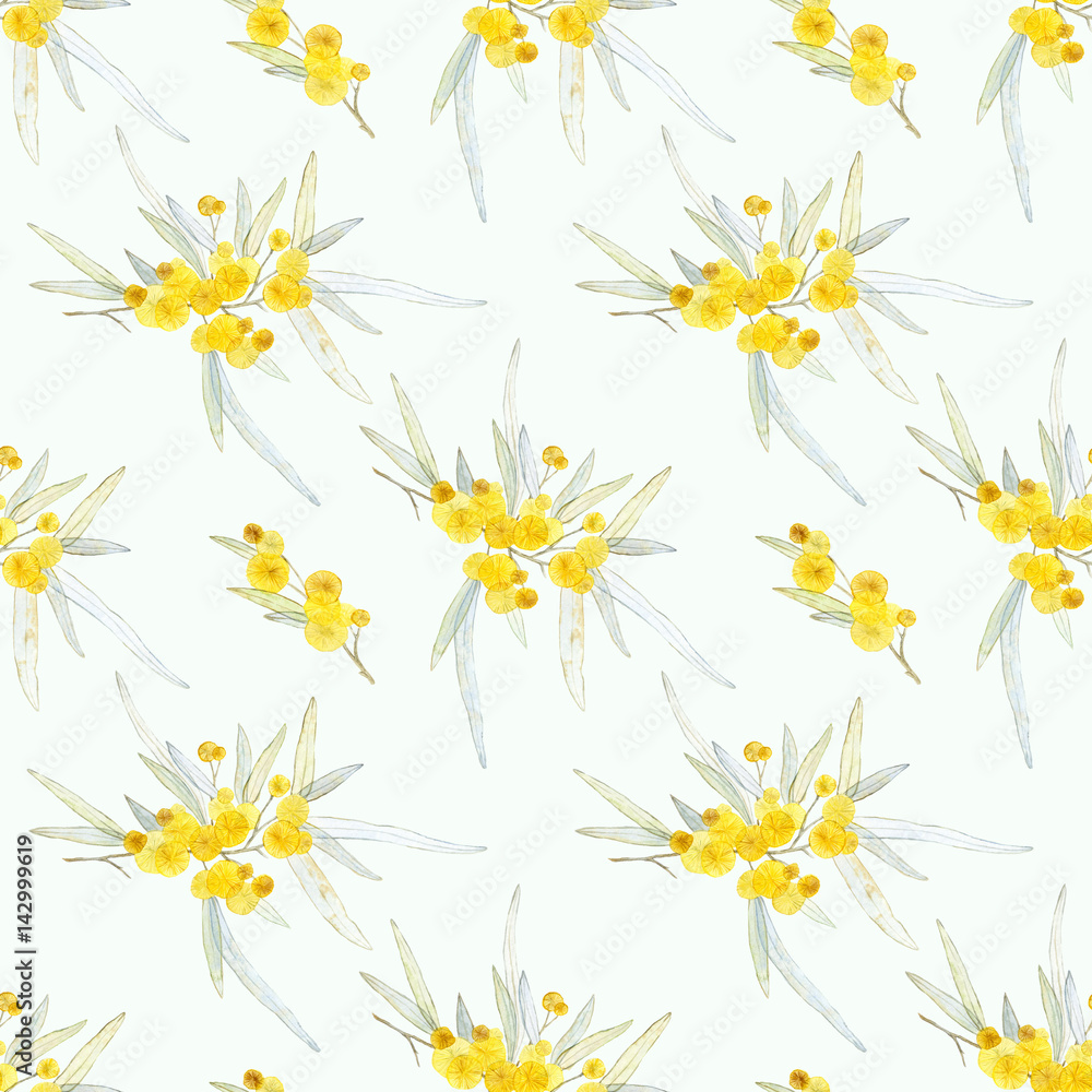 Naklejka Watercolor seamless pattern with mimosa branches on light-blue background. Repeating texture