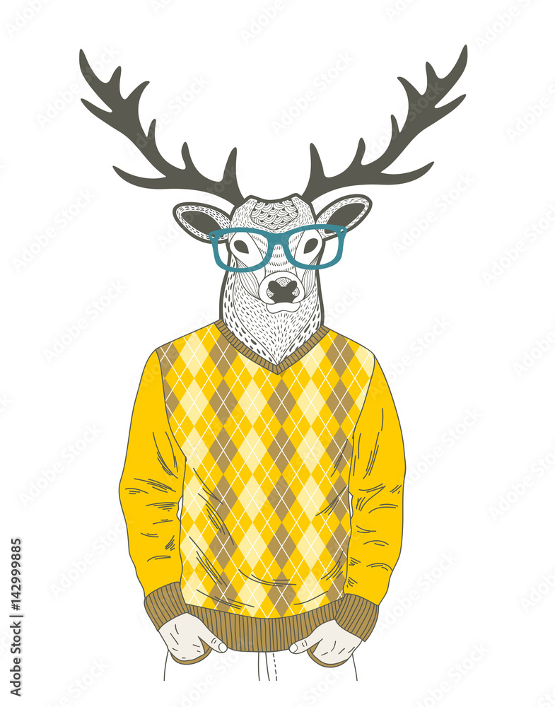 Obraz premium Doodle dressed up deer in hipster style.