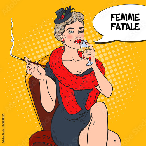 Pop Art Beautiful Woman in Fur with Glass of Champagne. Femme fatale. Retro vector illustration