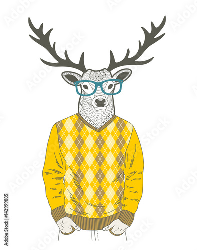 Doodle dressed up deer in hipster style.